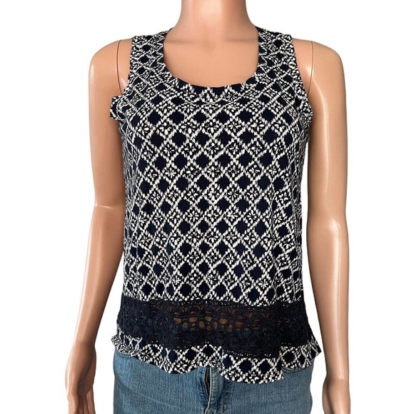 Ann Taylor Loft Shirt Womens Small Blue Print Sleeveless Scoop Neck Crochet Hem - Picture 1 of 4